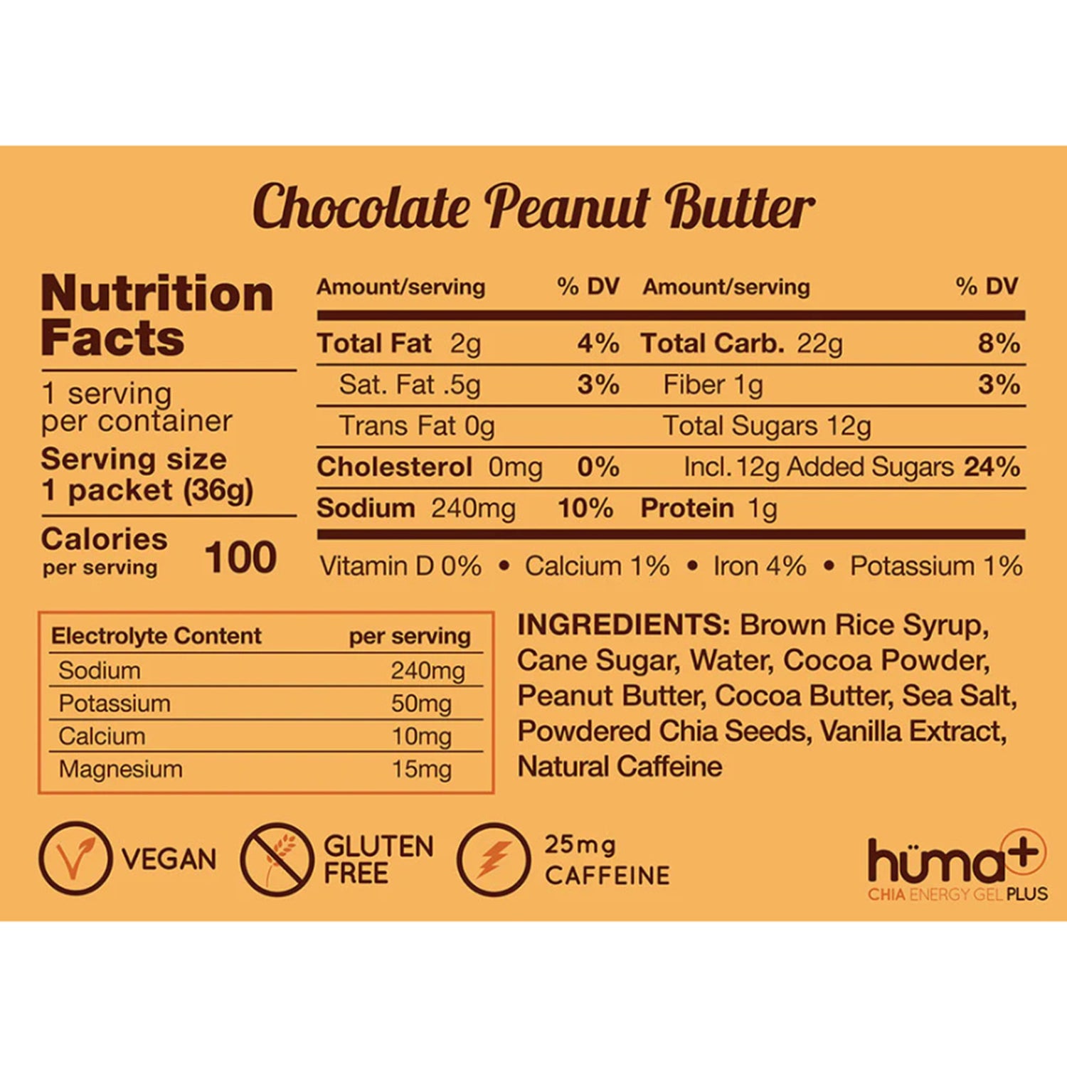 Huma Chia Energy Gel Plus - Chocolate & Peanut Butter (24 x 36g)