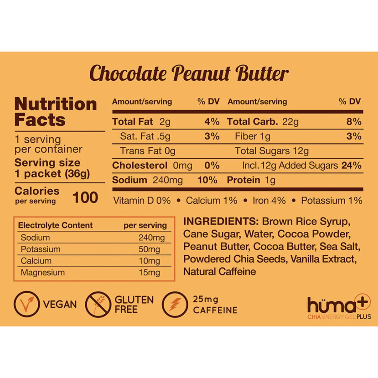 Huma Chia Energy Gel Plus - Chocolate & Peanut Butter (24 x 36g)