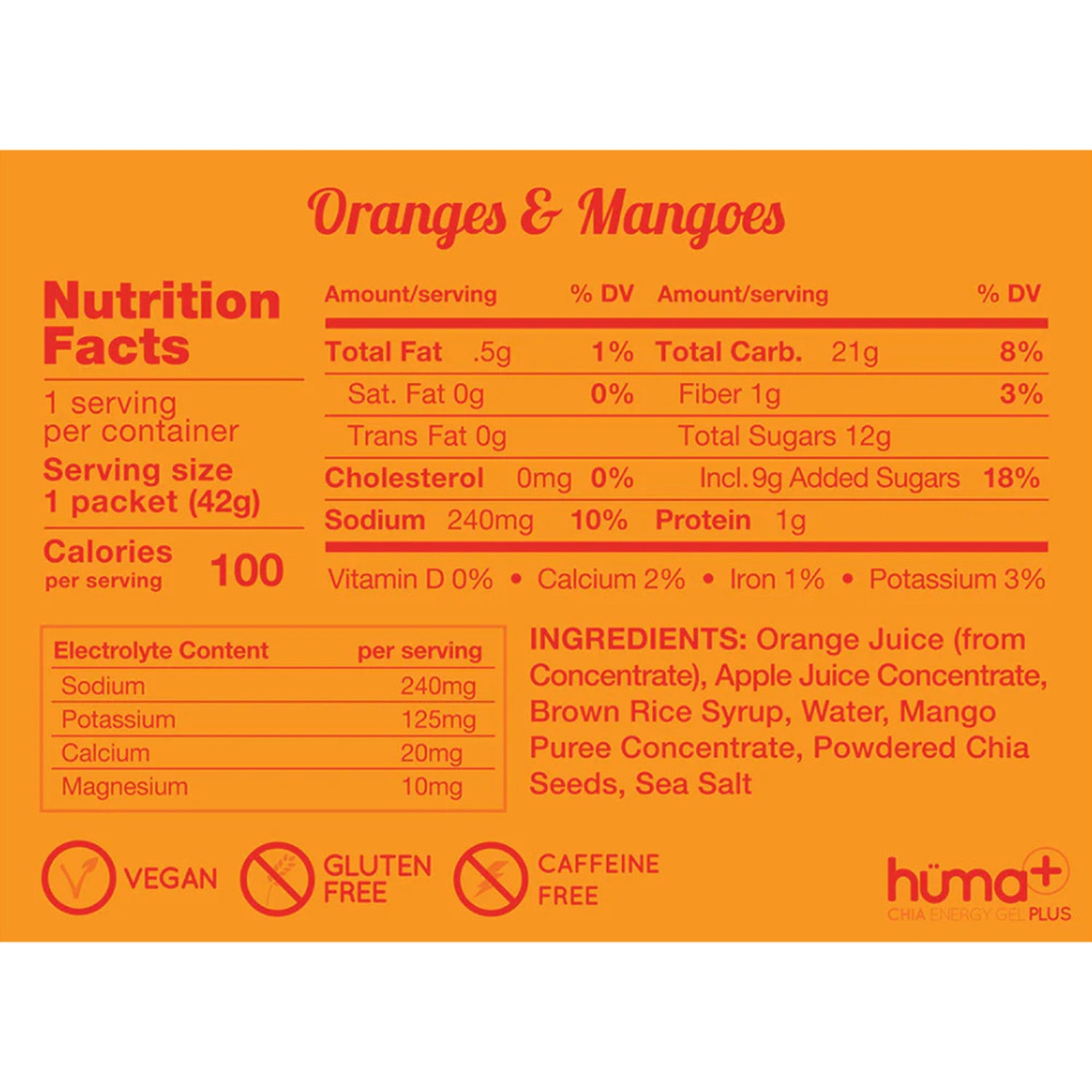 Huma Chia Energy Gel Plus - Oranges & Mangoes (24 x 42g)