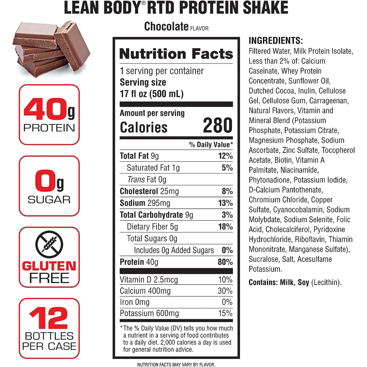 Lean Body Ready-to-Drink Protein Shake Chocolate (12 x 500ml)