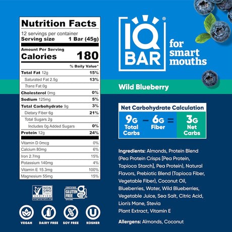 IQ Bar Wild Blueberry (12 x 45g)