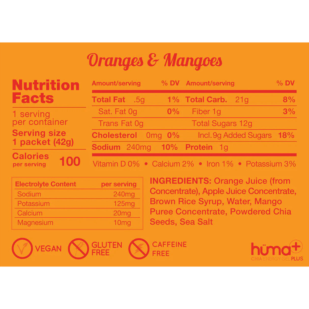 Huma Chia Energy Gel Plus - Oranges & Mangoes (24 x 42g)