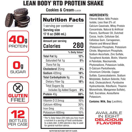 Lean Body Ready-to-Drink Protein Shake Cookies N Cream (12 x 500ml)